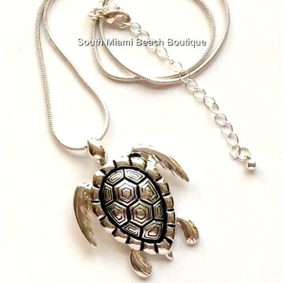 Sea Turtle Necklace Silver Plated BIG Pendant Sea Life Nautical Island Beach - Picture 6 of 8